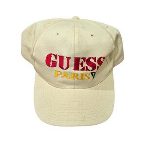 Vintage 90s Guess Paris Black Snapback Embroidered Hat Beige Red Yellow